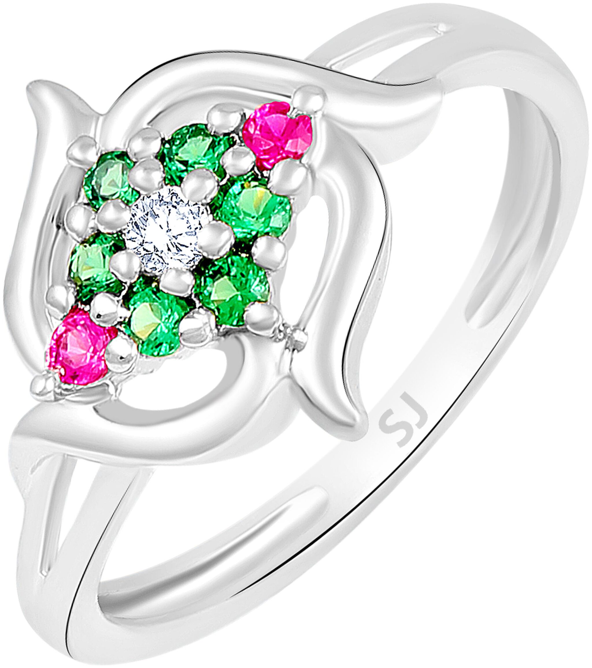 

Sukai Jewels Pink and Green Ruby Floral Rhodium Plated Ring For Women and Girls