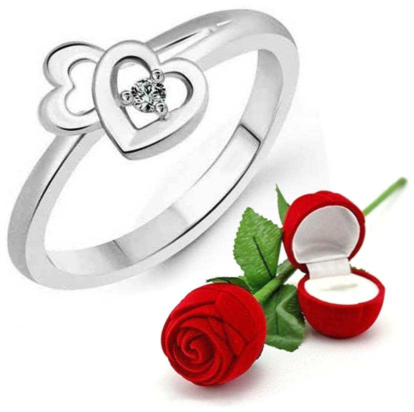 

Sukai Jewels Elegant Double Heart Rhodium Plated Alloy Brass Cubic Zirconia Finger Ring for Women and Girls
