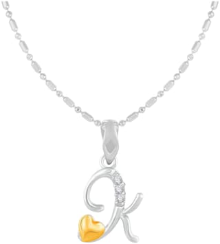 Sukai Jewels Heart Cursive'K' Rhodium Plated Alphabet Pendant For Women and Girls