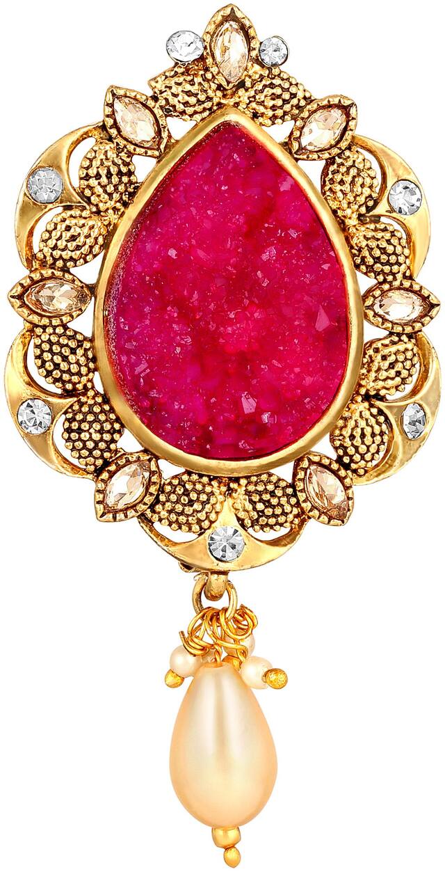 Sukai Jewels Glittering Pink Ruby Gold Plated Brooch For Women and Girls