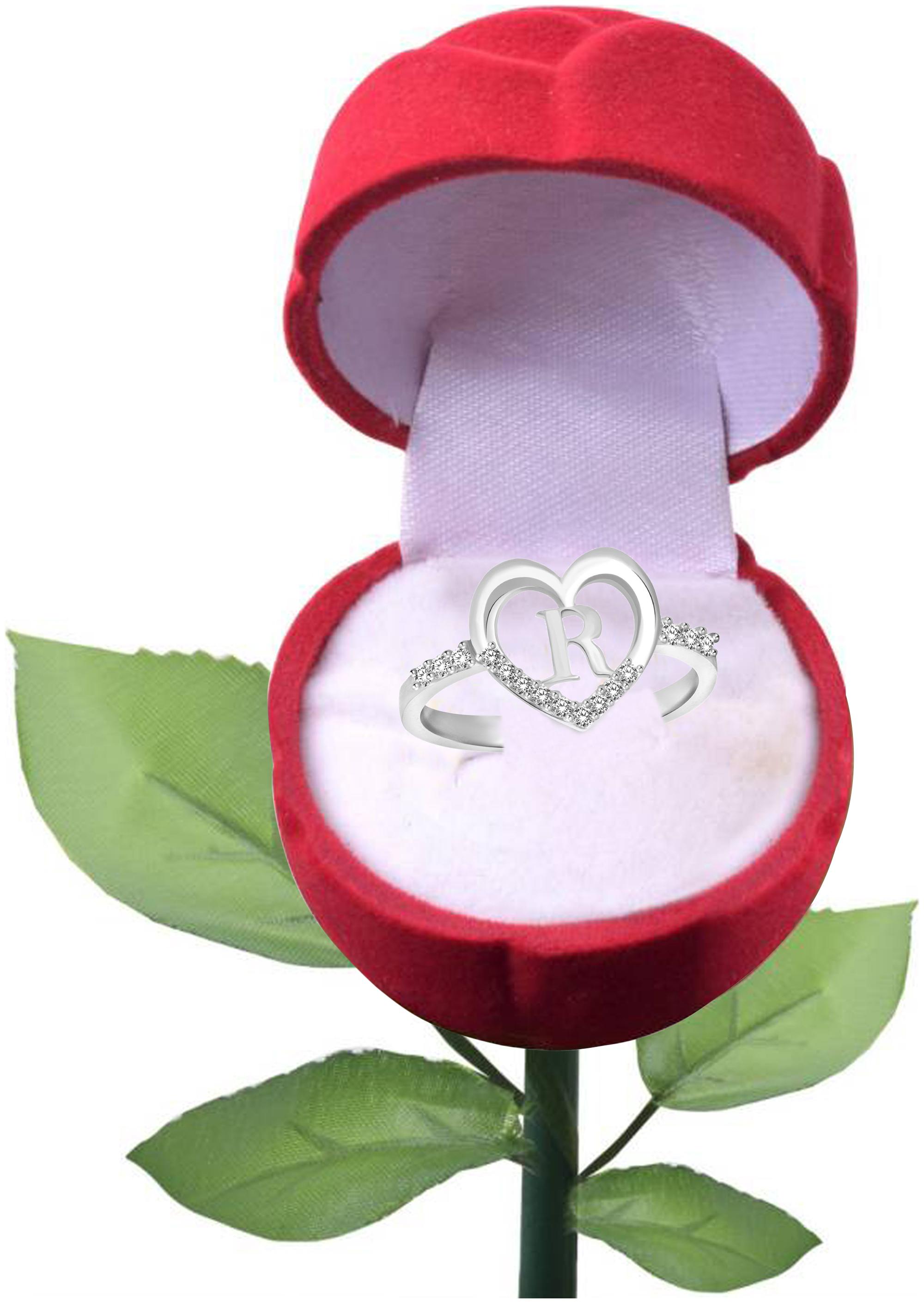 

Sukai Jewels Romeo R Heart Rhodium Plated Alloy Cubic Zirconia Studded Finger Ring with Rose for Women Girls