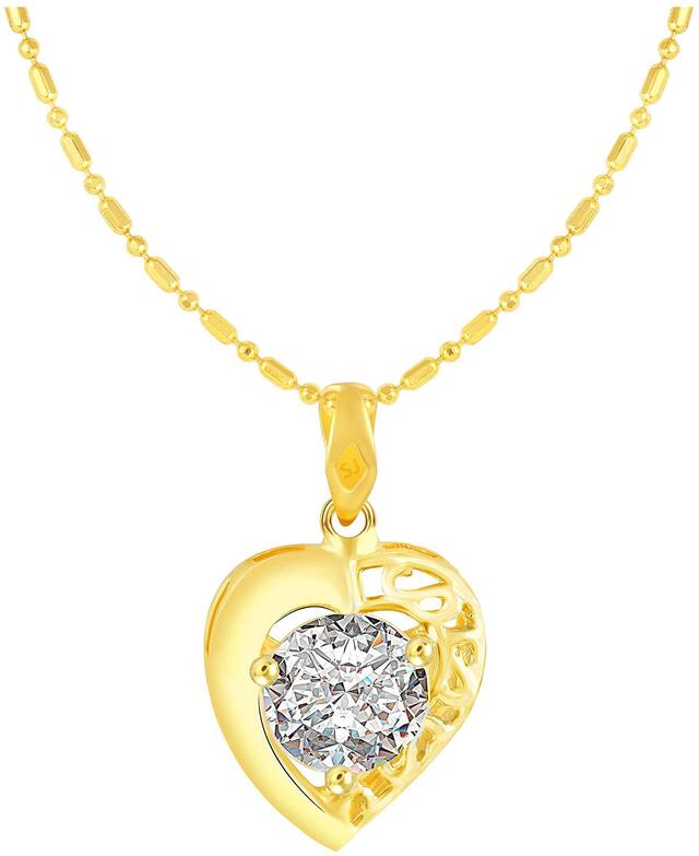 Sukai Jewels Charm Heart Single Solitaire Gold Plated Alloy & Brass Cubic Zirconia Pendant with Chain for Women & Girls