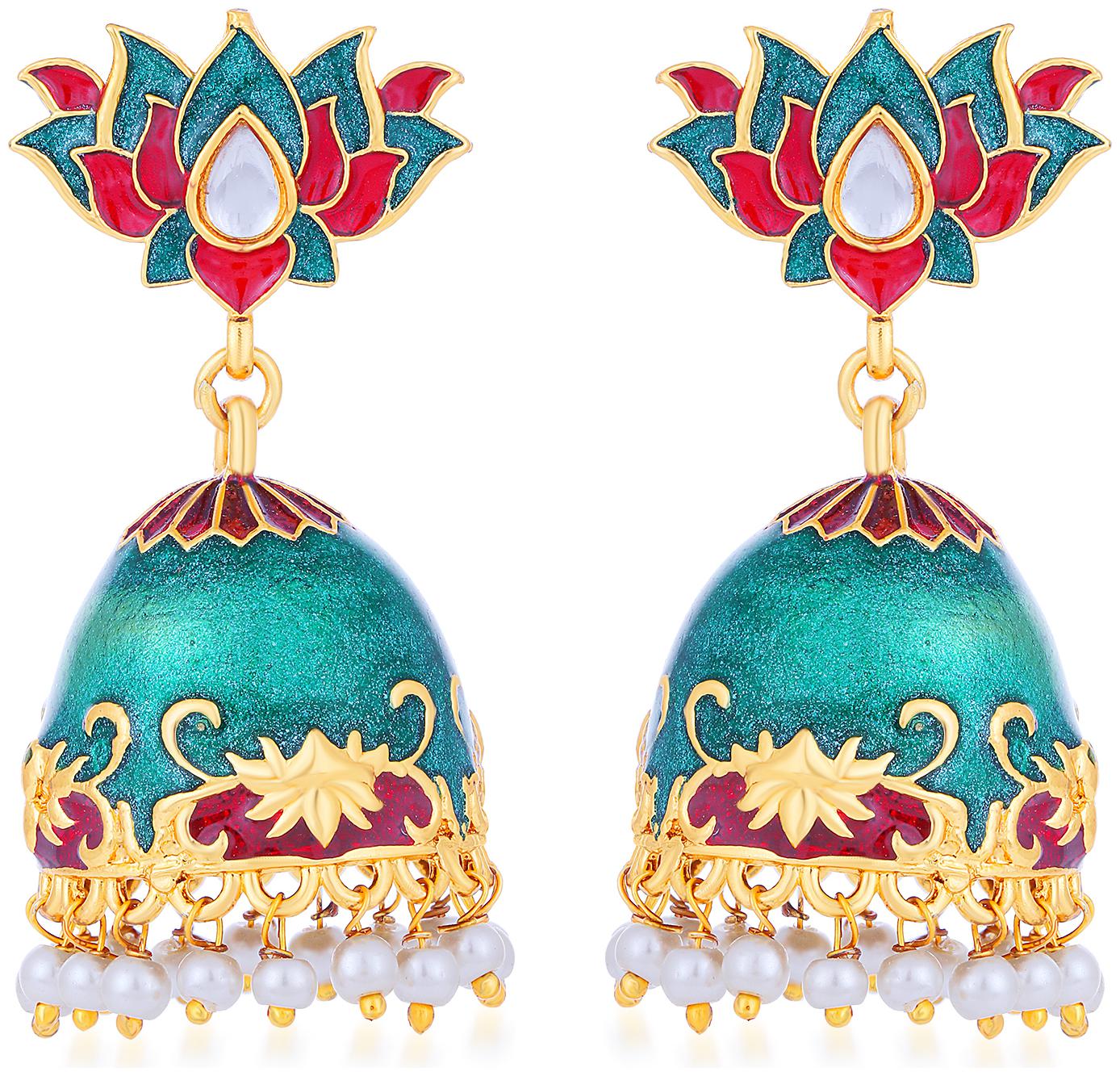 

Sukkhi Adorable Pearl Gold Plated Lotus Meenakari Jhumki Earring For Women