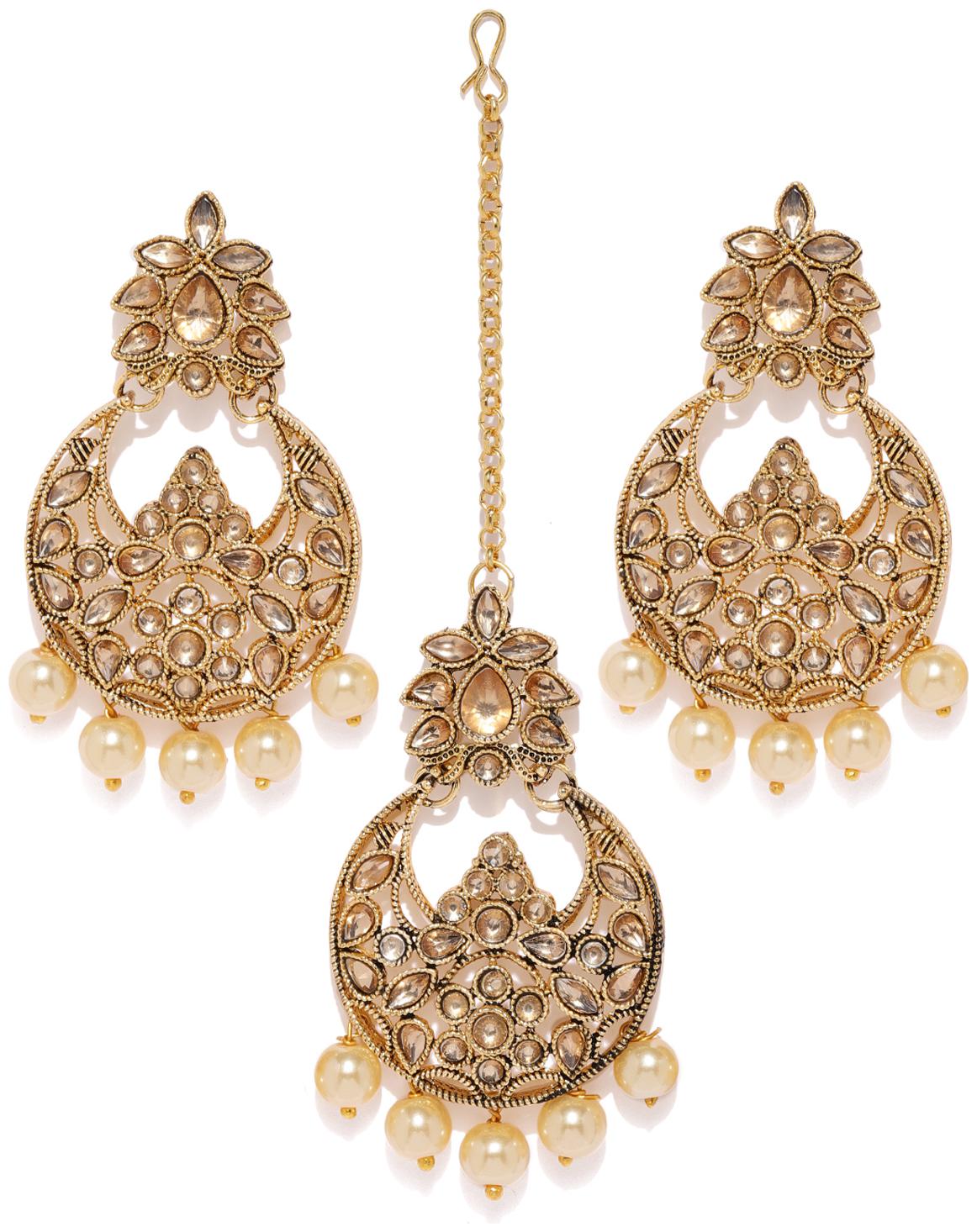 

Sukkhi Alluring Lct Gold Plated Pearl Earring Maang Tikka Set For Women