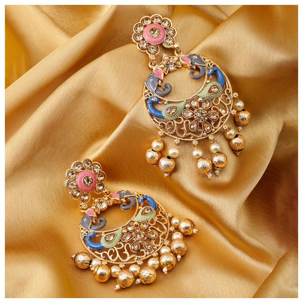 

Sukkhi Antique Peacock Mint Collection Gold Plated Chand Bali Earring for Women