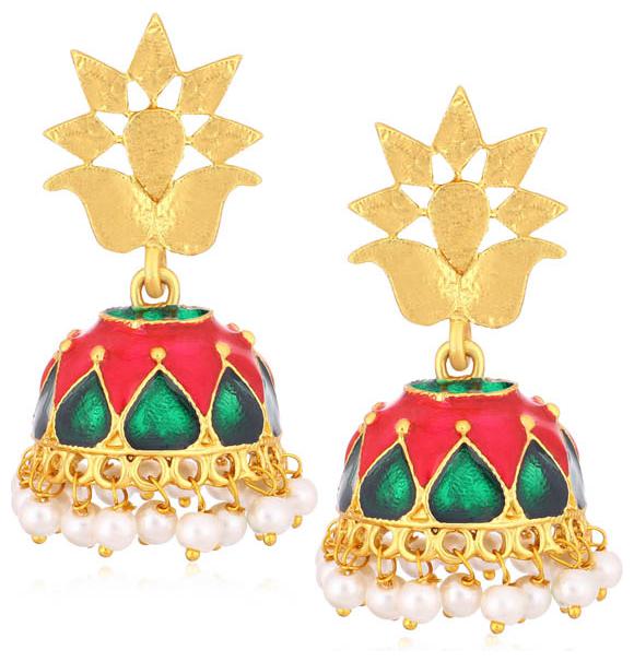 

Sukkhi Astonish Gold Plated Pearl Meenakari Jhumki Earrings For Women