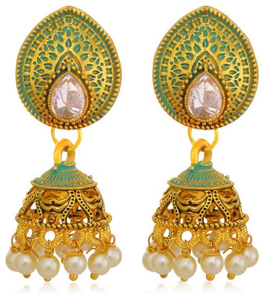 

Sukkhi Dazzling Gold Plated Pearl Sky Blue Mint Meena Collection Jhumki Earring For Women