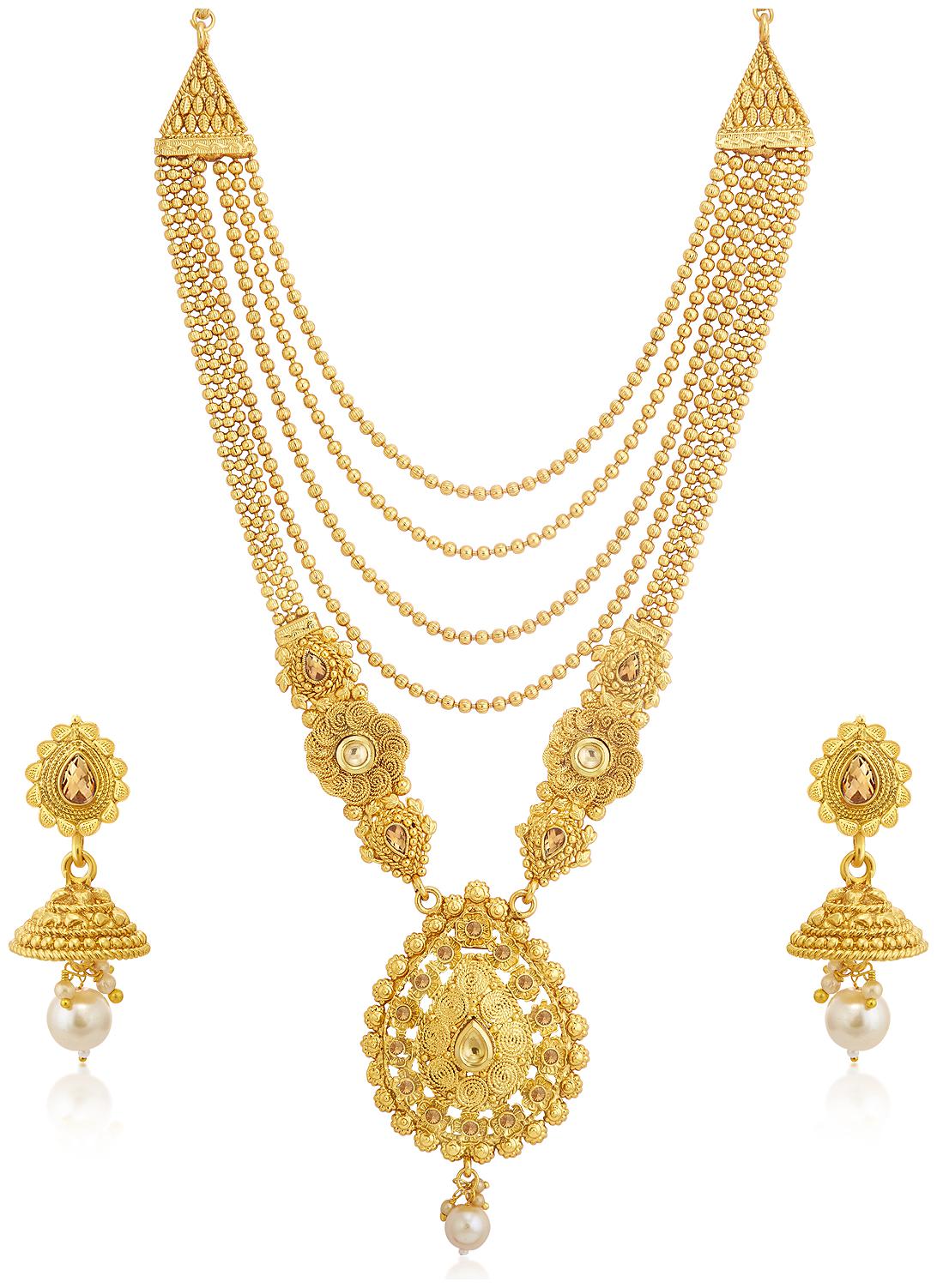 

Sukkhi Fascinating Gold Plated Wedding Jewellery Pearl Long Haram Necklace Set For Women
