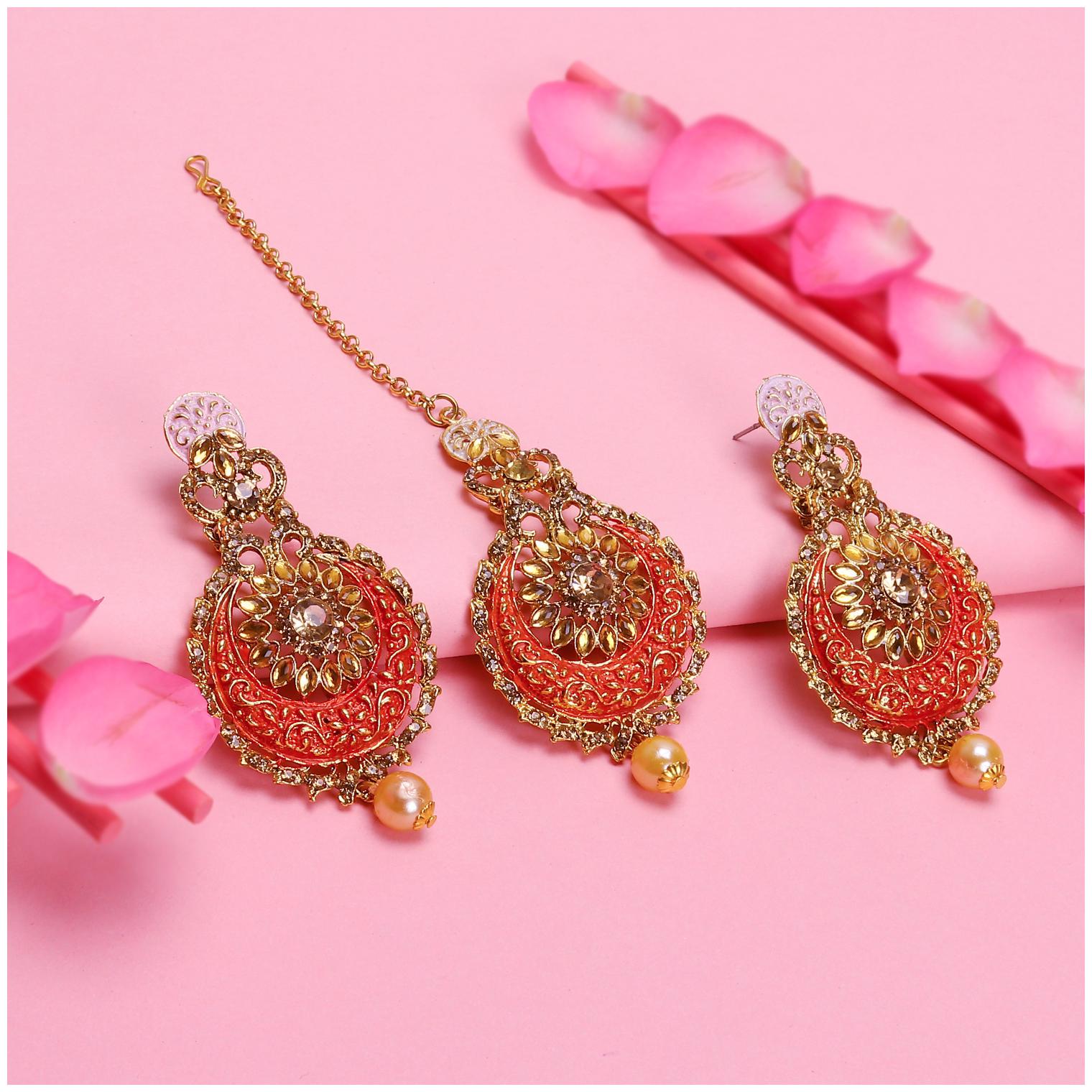 

Sukkhi Dazzling LCT Gold Plated Mint Collection Chandbali Earring Maangtikka Set For Women