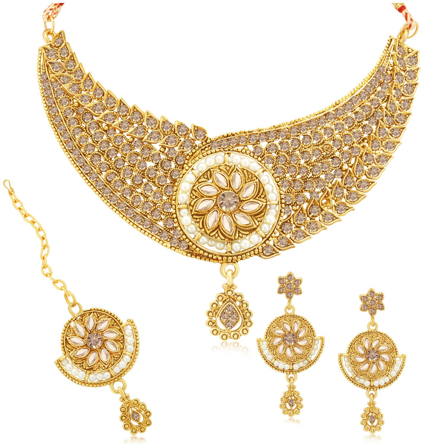 

Sukkhi Designer Gold Plated Lct Stone Pearl Choker Necklace Set For Women