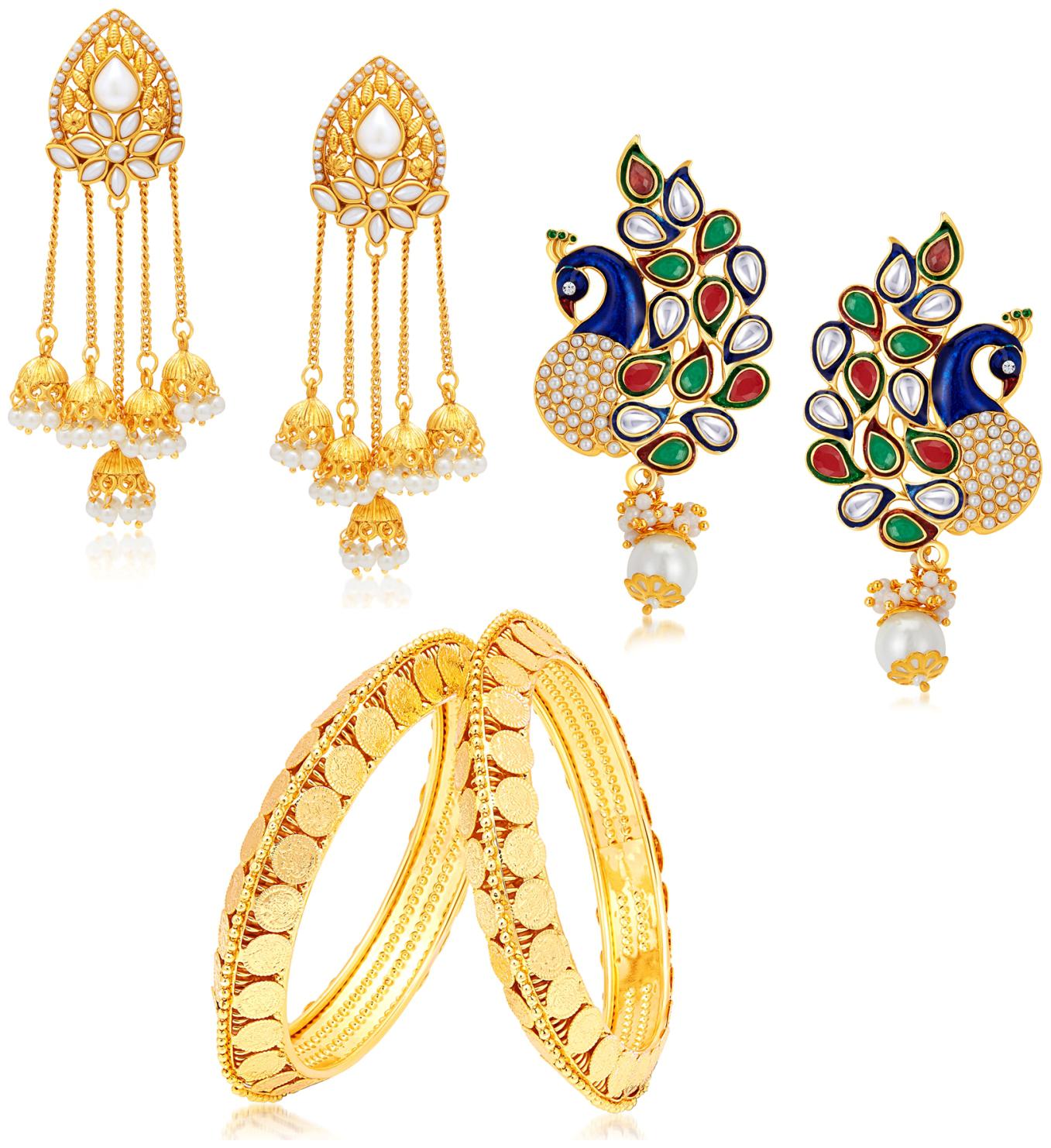 

Sukkhi Ethnic Pearl Gold Plated Kundan Jewellery Combo For Women(2 Bangles 2 Earrings)