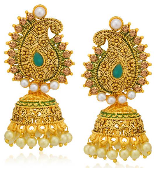 

Sukkhi Glamorous LCT Gold Plated Paisley Pearl Green Mint Meena Collection Jhumki Earring For Women