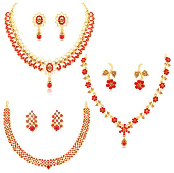 

Sukkhi Glamorous LCT and Red Stone Gold Plated Floral Necklace Set Combo for Women