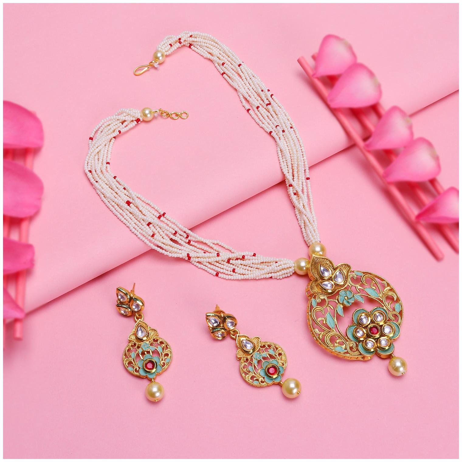 

Sukkhi Glimmery Kundan Gold Plated Mint Collection Pearl Necklace Set For Women