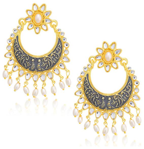 

Sukkhi Glittery Floral Gold Plated Kundan Blue Mint Meena Collection Chandbali Earring For Women