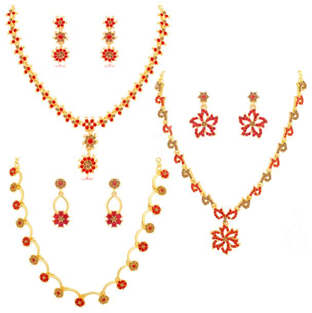 

Sukkhi Glittery LCT and Red Stone Gold Plated Floral Necklace Set Combo for Women