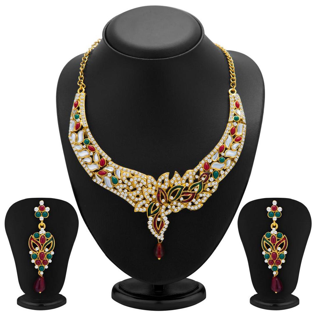 

Sukkhi Sleek Gold Plated Meenakari AD Necklace Set for Women