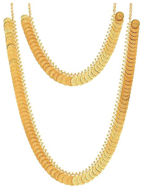 

Sukkhi Traditional Gold Plated Temple Jewellery Lakshmi Coin Long Haram Choker Necklace Combo of 2 for Women