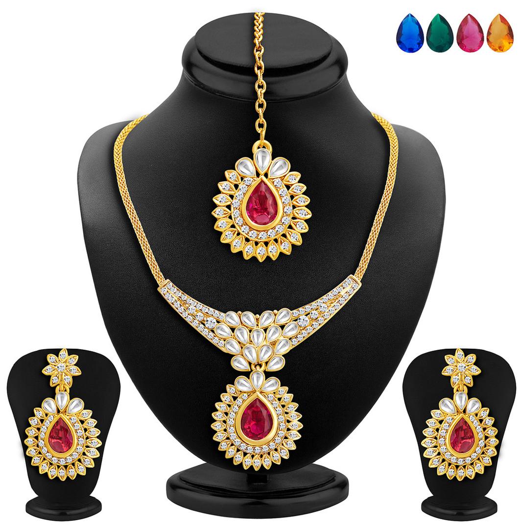 

Sukkhi Attractive Kundan Gold Plated Wedding Jewellery Austrian Diamond Necklace Set for Women with Set of 5 Changeable Stone