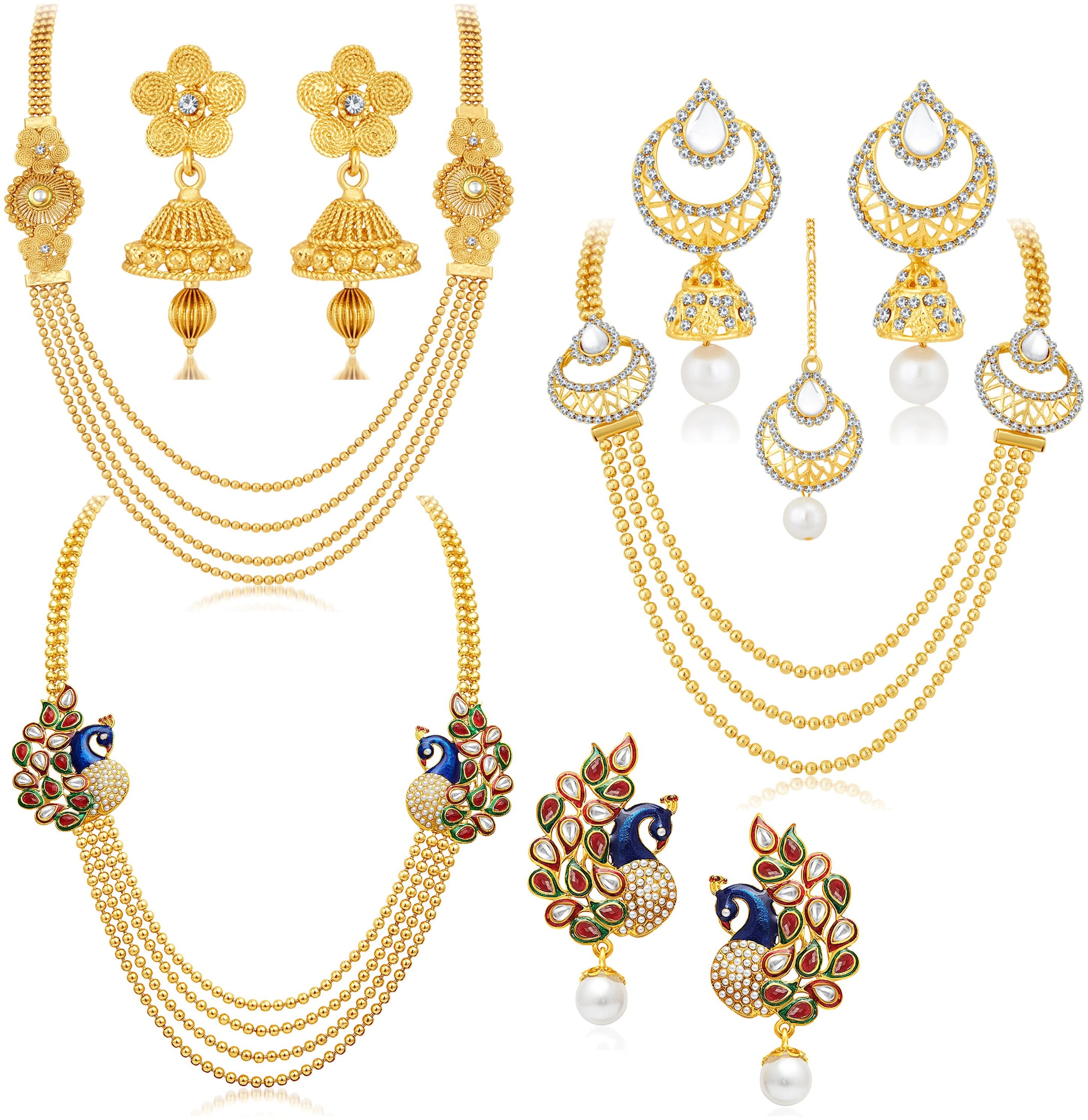

Sukkhi Gorgeous Peacock Gold Plated Set Of 3 Necklace Set Combo For Women