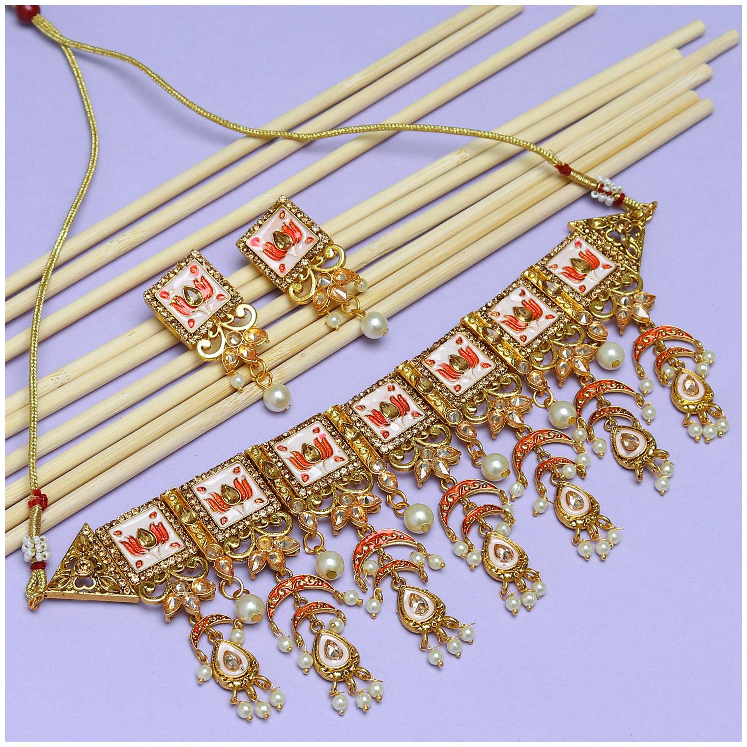 

Sukkhi Incredible Pearl Gold Plated Lotus Meenakari Choker Necklace Set For Women