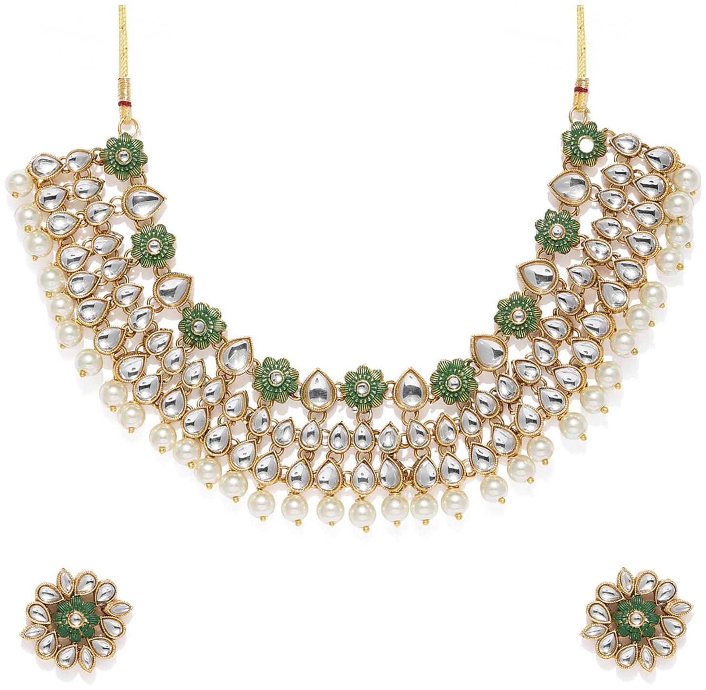 

Sukkhi Attractive Pearl Gold Plated Wedding Jewellery Kundan Mint Collection Choker Necklace Set for Women