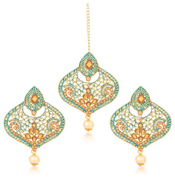 

Sukkhi Lavish Gold Plated Mint Meena Collection Dangle Earring Maangtikka for Women
