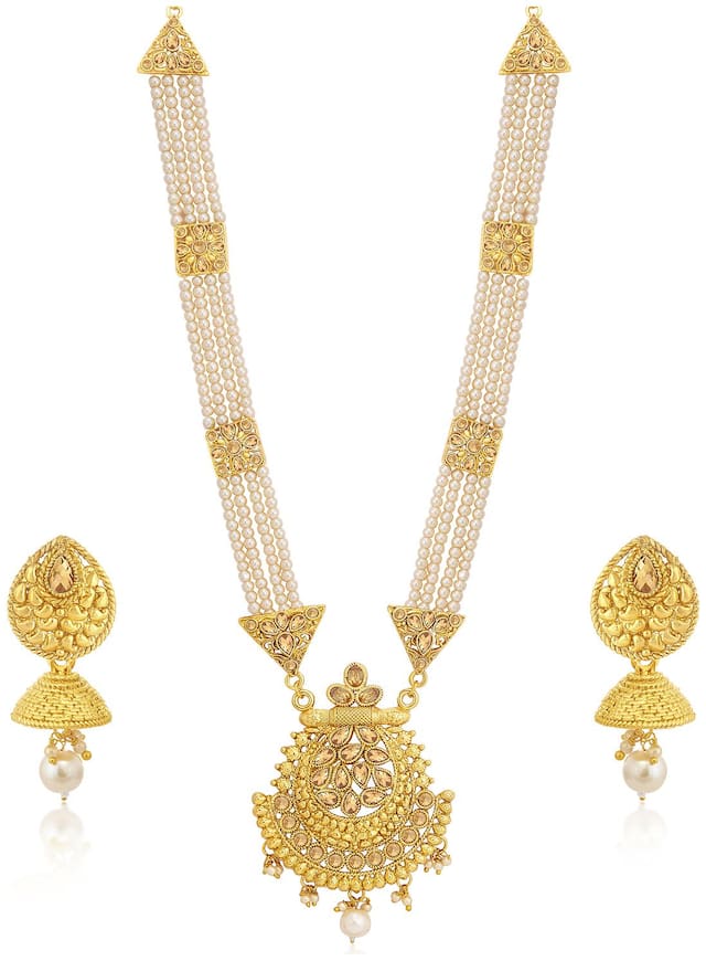 Sukkhi Luxurious LCT Gold Plated Wedding Jewellery Pearl Long Haram Necklace Set For Women