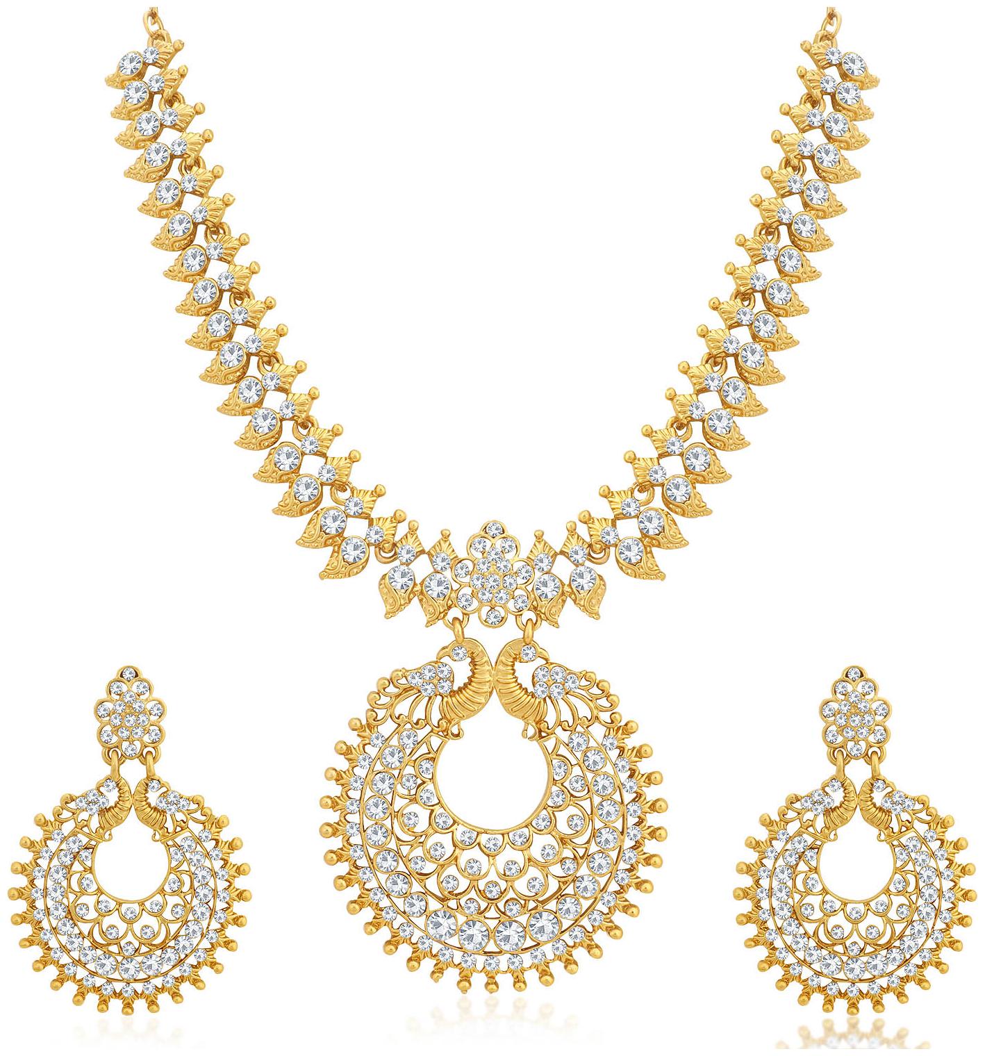 

Sukkhi Modish Mehandi Gold Plated Wedding Jewellery Austrian Diamond Peacock Necklace Set for Women