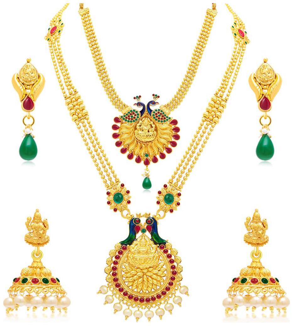 

Sukkhi Ethnic Pearl Gold Plated Wedding Jewellery Peacock Meenakari Long Haram Necklace Set Combo of 2 For Women
