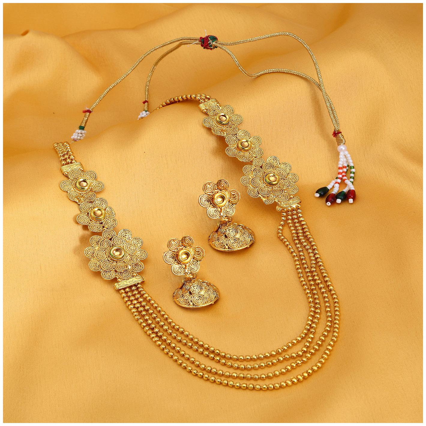 

Sukkhi Pleasing 4 String Jalebi Gold Plated Alloy Long Haram Necklace Set For Women