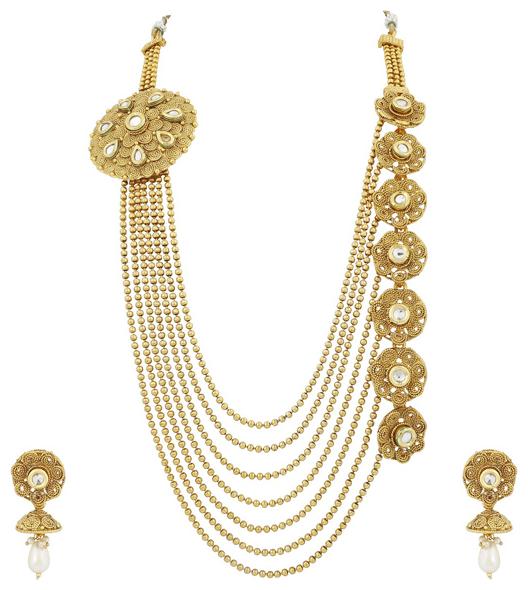 

Sukkhi Princess Gold Plated Designer Seven String Necklaces Set Whit White Stones For Women