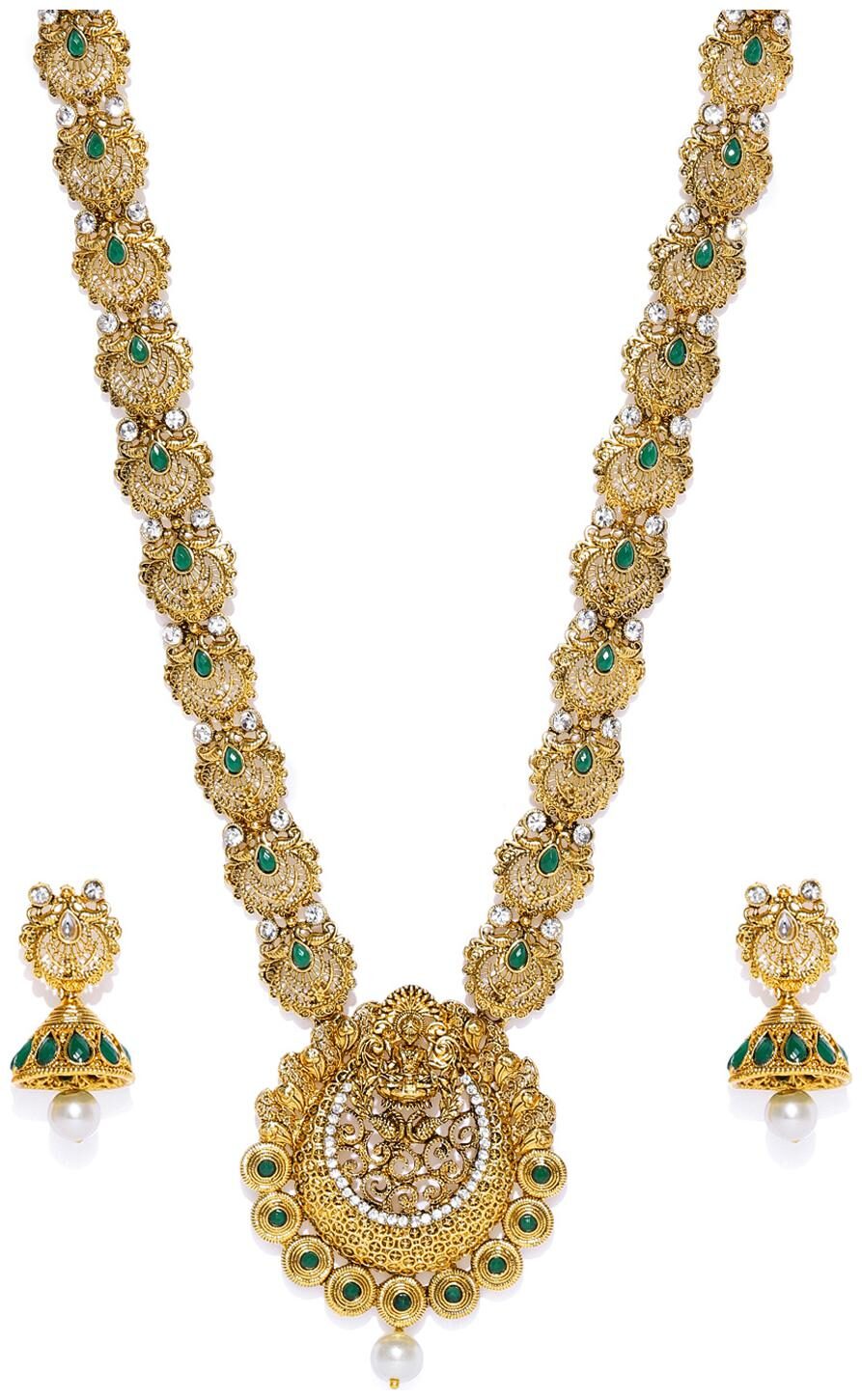 

Sukkhi Sensational Gold Plated Temple Jewellery Austrian Diamond Long Haram Necklace Set for Women