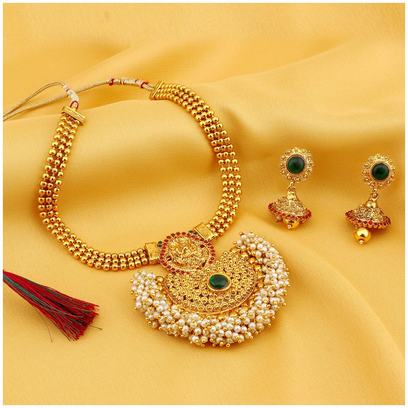 

Sukkhi Traditional Pearl Gold Plated Wedding Jewellery Temple Necklace Set For Women