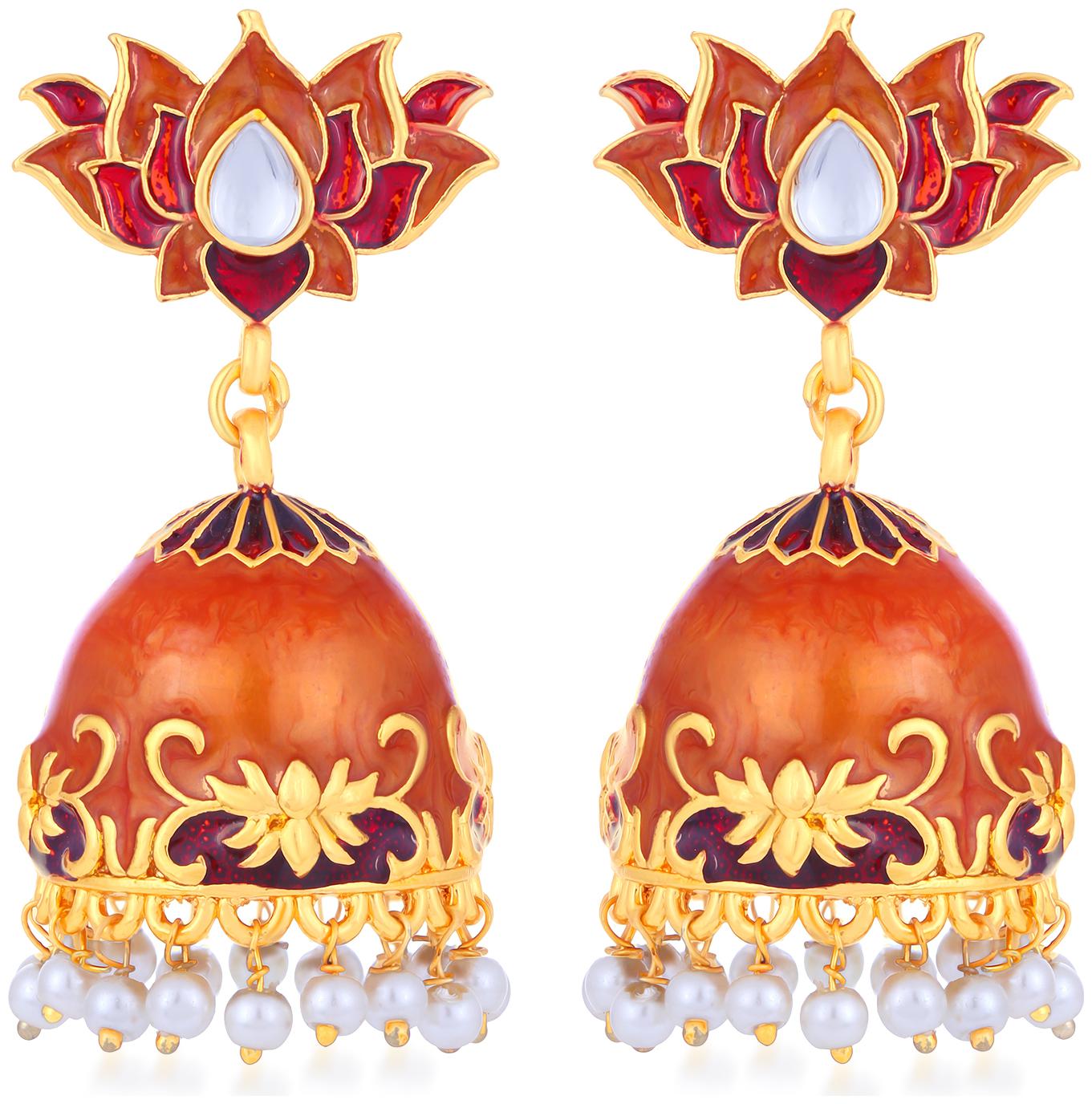 

Sukkhi Splendid Pearl Gold Plated Lotus Meenakari Jhumki Earring For Women