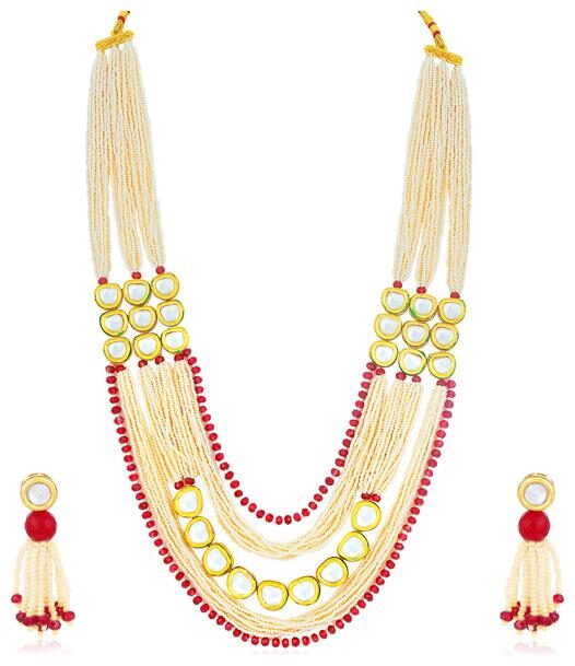 

Sukkhi Stylish Gold Plated Kundan and Pearl Long Haram Necklace Set for Women