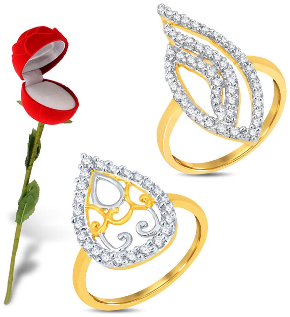 

Sukkhi Valentine Collection Delightful Gold Rhodium Plated Cz Combo With Rose Box Ring For Women Pack Of 2