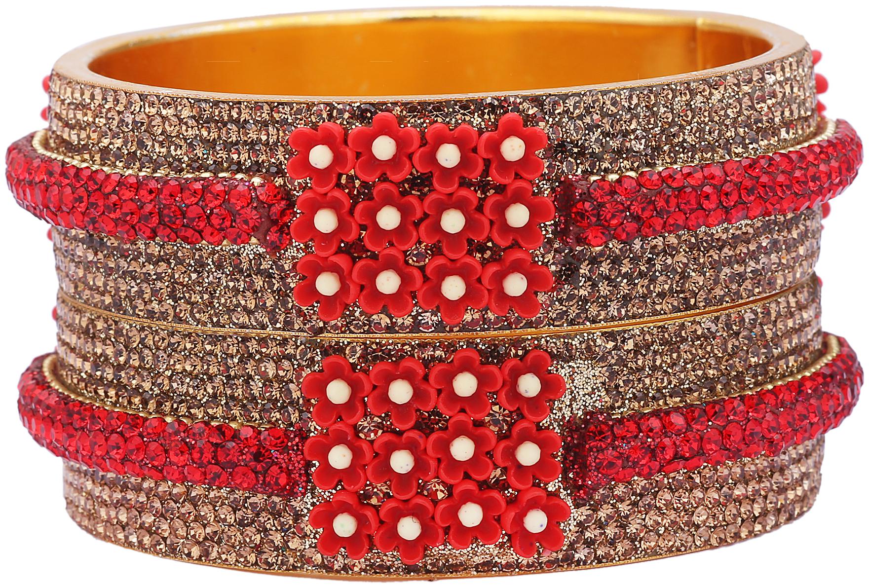 

Sukriti Beautiful Partywear Flower Brass Kada Red Bangles For Women Set Of 2