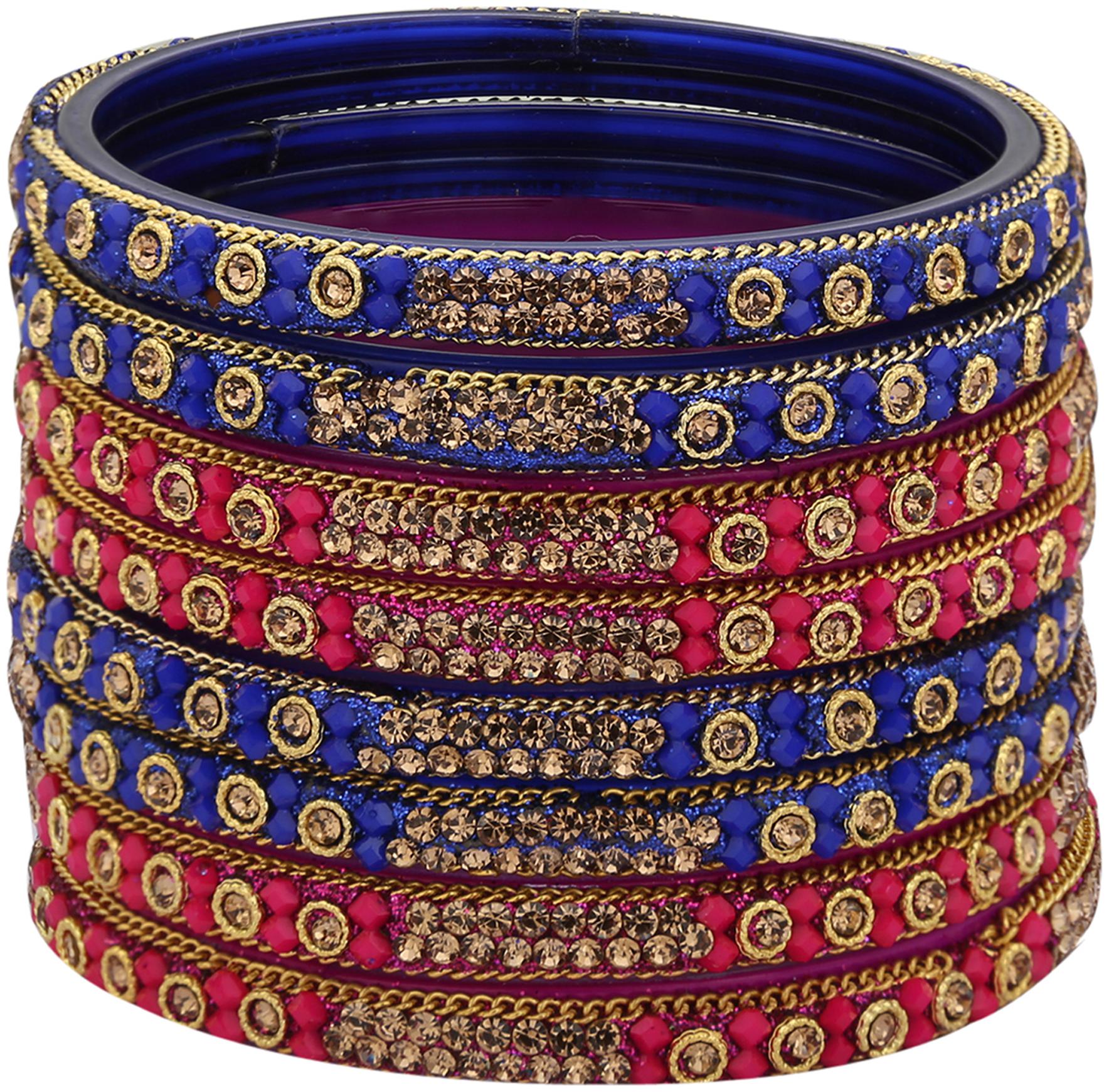 

Sukriti Handcrafted Glossy Zircon Crystal Glass Blue-Magenta Bangles for Women Set of 8