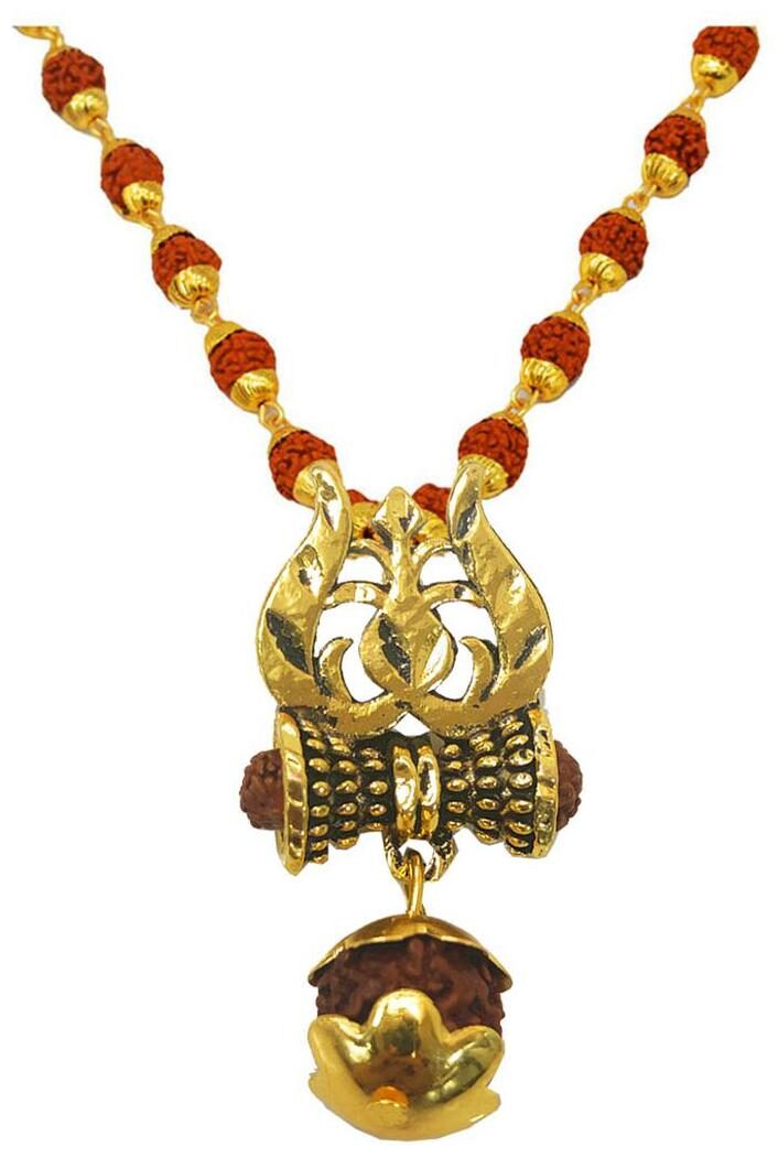 

Sullery Religious Jewellery Lord Shiv Om Namah Shivay Gold Brown Brass Wood Rudraksha Mala