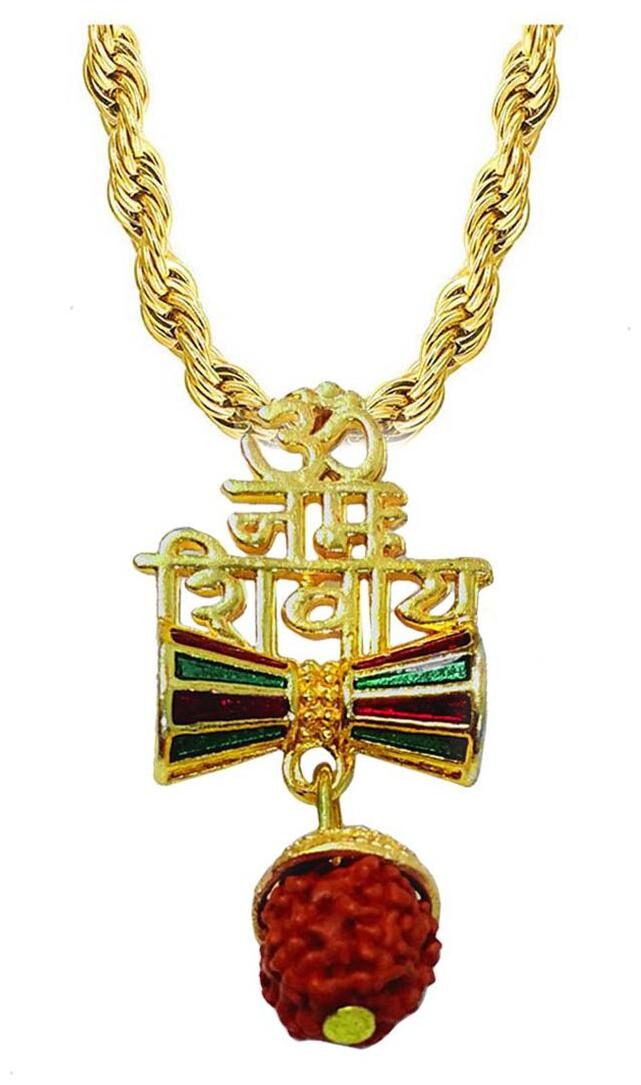 

Sullery Religious Jewellery Lord Shiv Om Trishul Gold Brown Brass Wood Locket Rope Chain