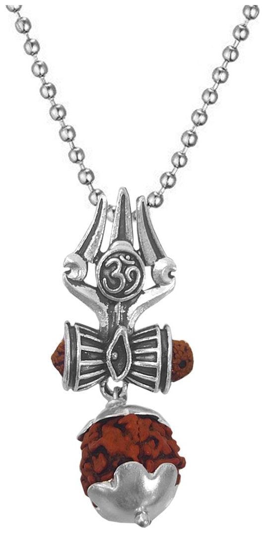 

Sullery Religious Jewellery Lord Shiv Om Trishul Silver Stainless Steel Rudraksha Mala