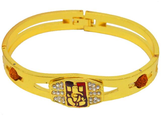 Sullery Religious Lord Ganesha With Rudraksha Bead Gold Brass Wood Kada For Mens