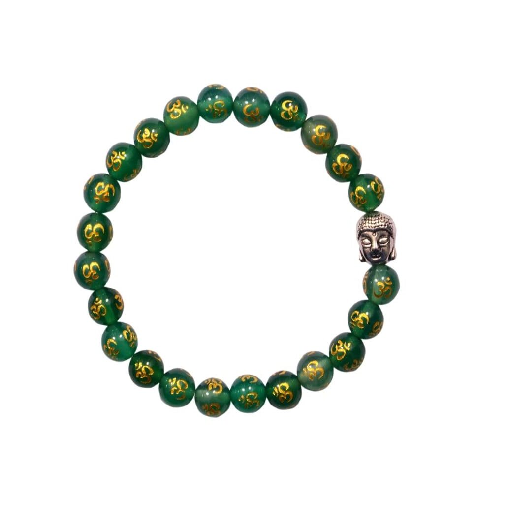 

Natural Green Jade Bracelet Om Printed Buddha Charm Bracelet 8 mm Beads Free Size Stretchable Elastic Bracelet