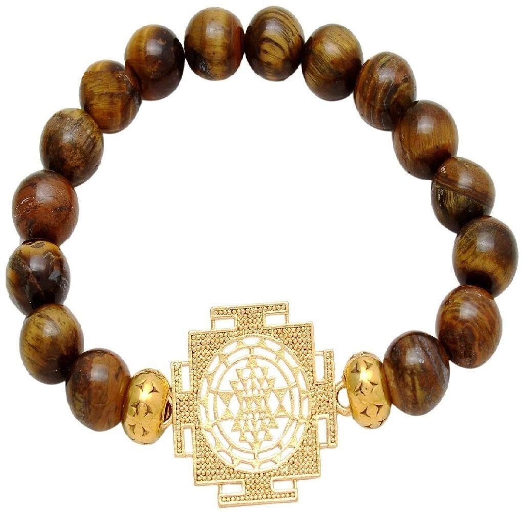 

Natural Tiger Eye Stone Bracelet with Sri Yantra Locket Attach 10 mm Tiger Stone Beads Stretchable Elastic Free Size Bracelet Lab Certified