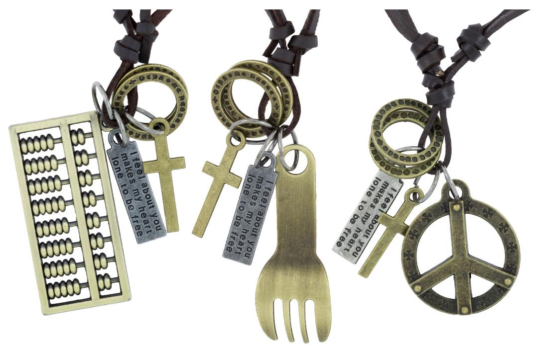

ZIVOM Hip Hop Punk Abacus Spoon Peace Cross Bronze Vintage Leather Combo Pendant Chain Boys Men