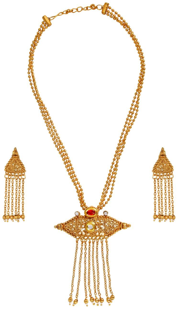 

ZIVOM Traditional Temple Antique Kundan Red Pearl 22K Gold Earring Necklace Set Girls Women