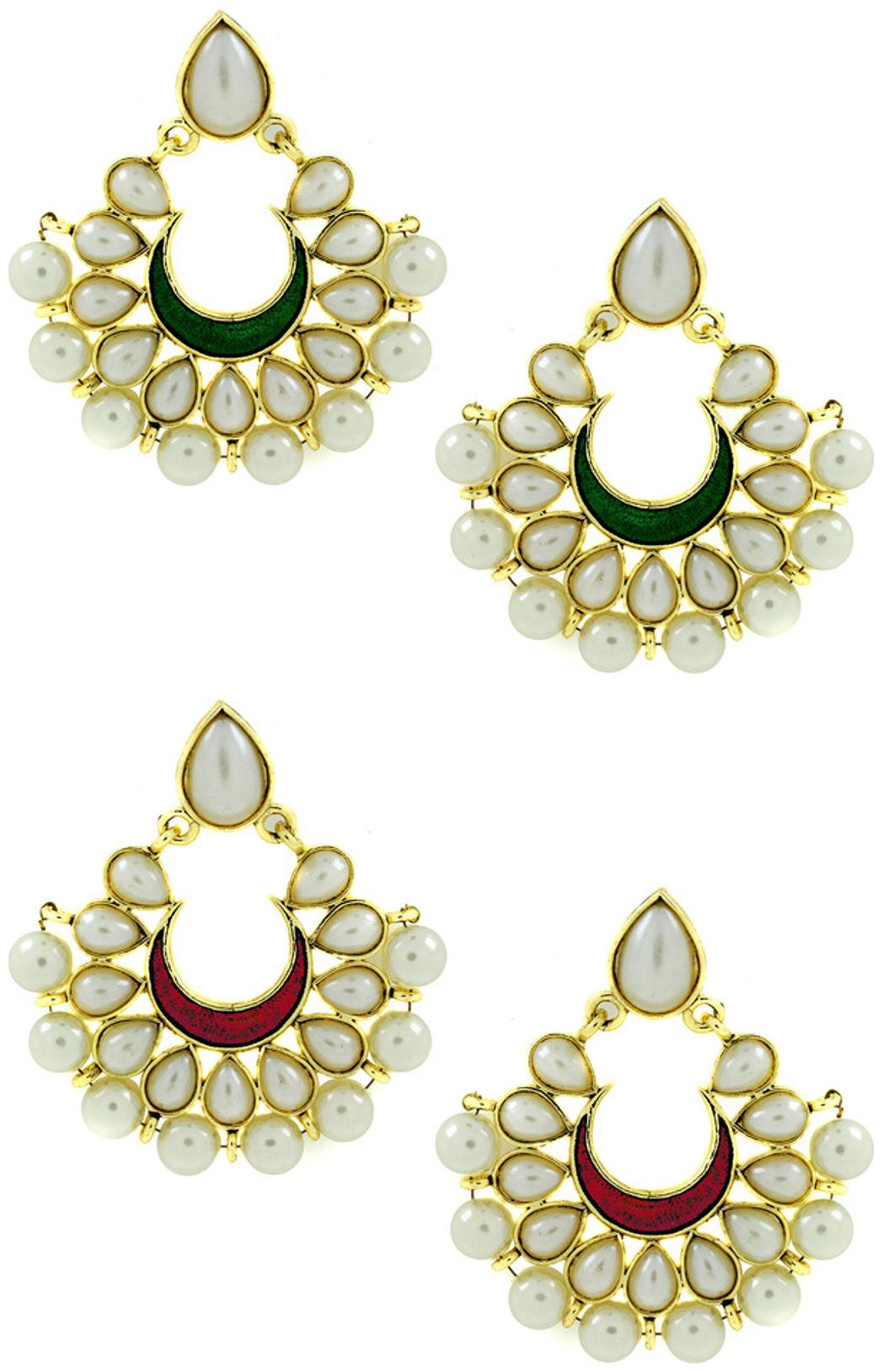 

The Jewelbox Chaand Bali Multicolor Enamel Meenakari Gold Plated Pearl Jhumki Earring Combo For Women
