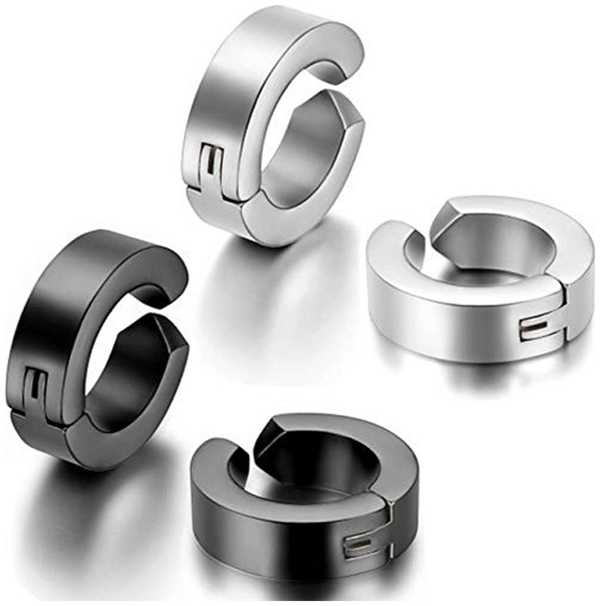 

The Jewelbox 316L Surgical Stainless Steel Black Silver Non Pierced Hoop Bali Pair Openable Combo Pack Of 3 Earring Boys Men