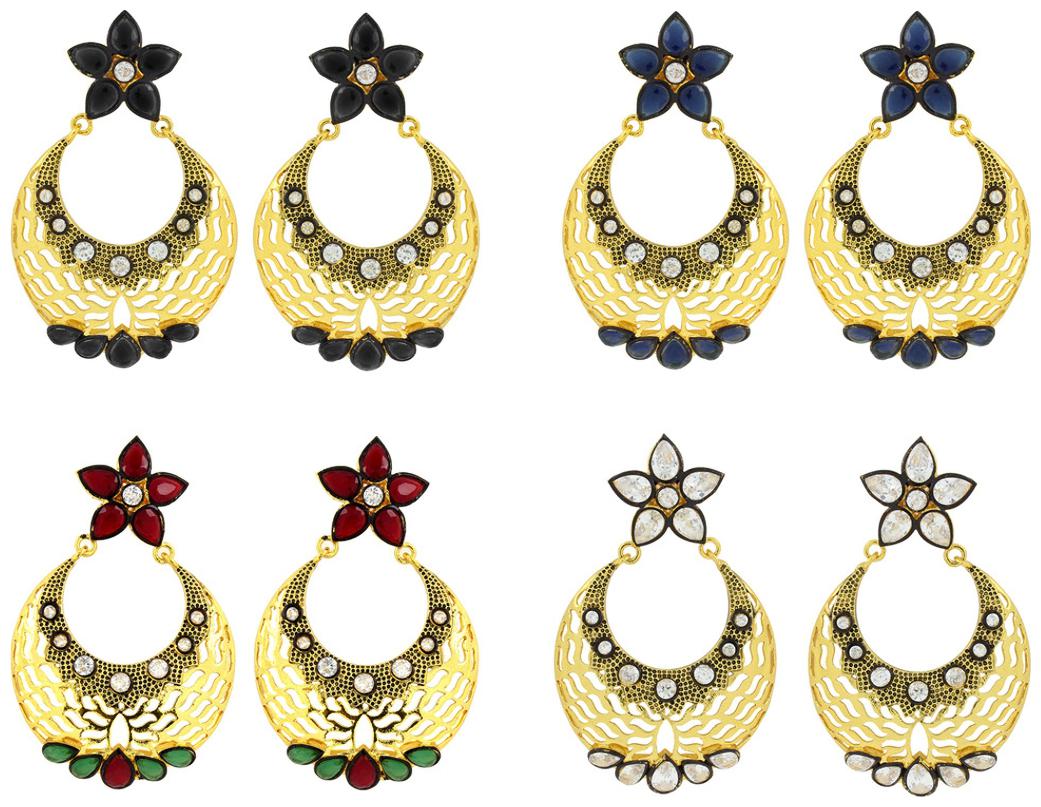 

The Jewelbox Filigree Flower Chaand Bali Multicolor American Diamond CZ Gold Plated Earring Combo For Women